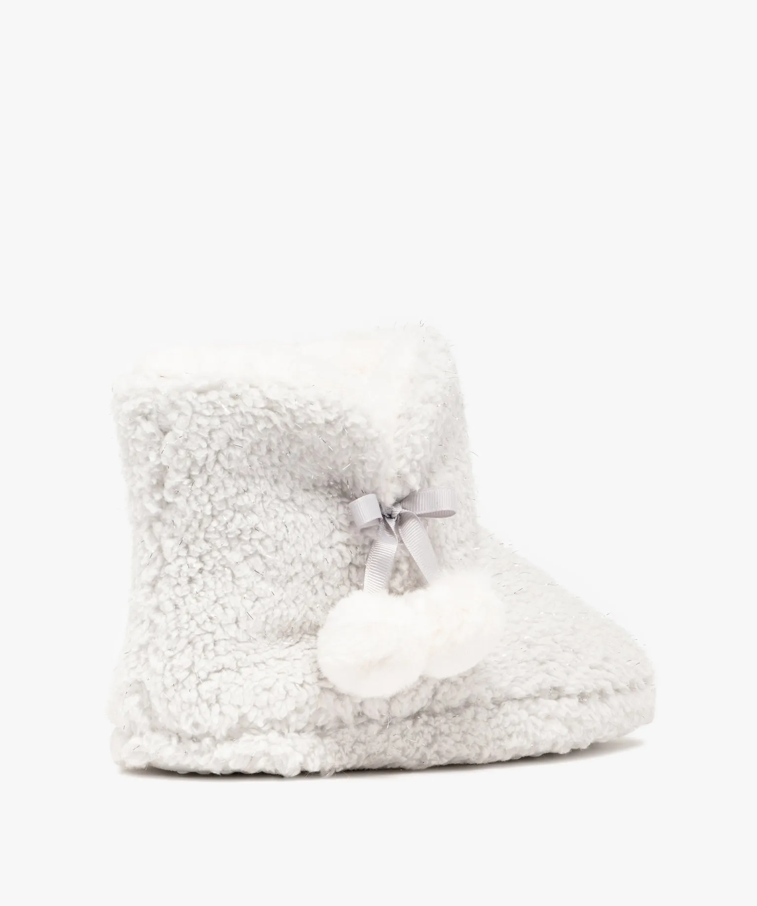 Chaussons femme boots en sherpa à pompons détails scintillants gris