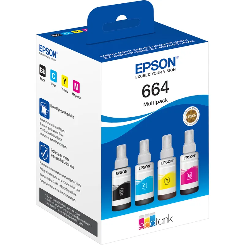 Epson 664 bouteilles d'encre multipack, cyan, jaune, magenta, noir