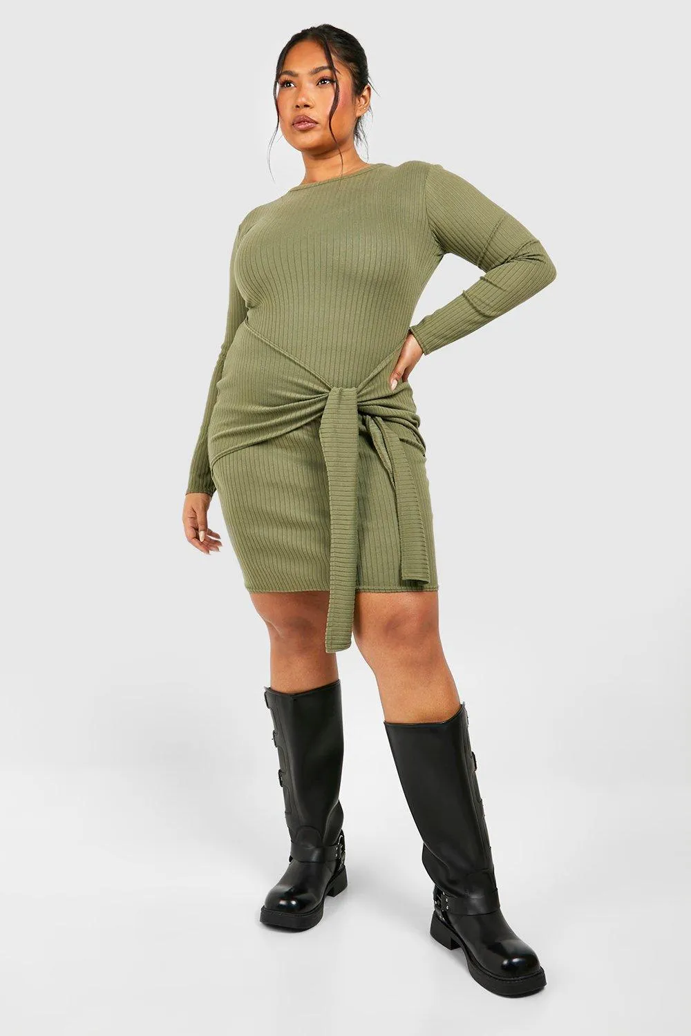 Grande taille - Robe moulante côtelée nouée à manches longues