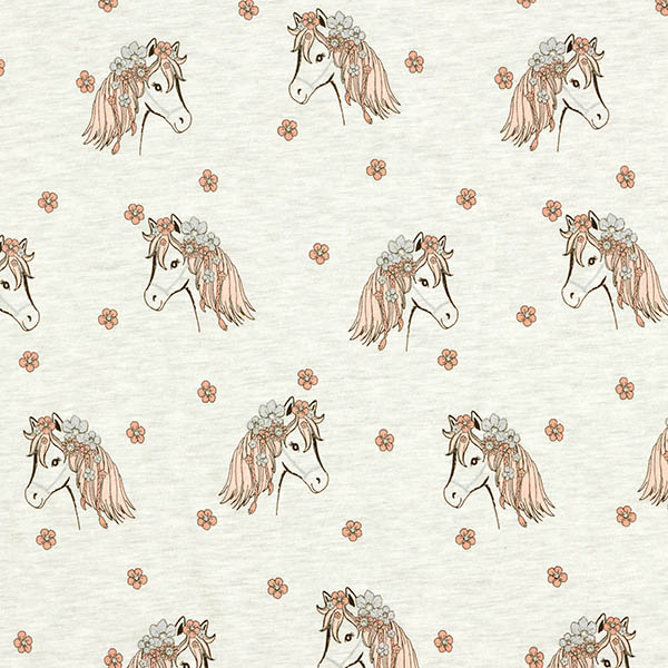 Jersey coton Paillettes Chevaux et petites fleurs – nature/argent