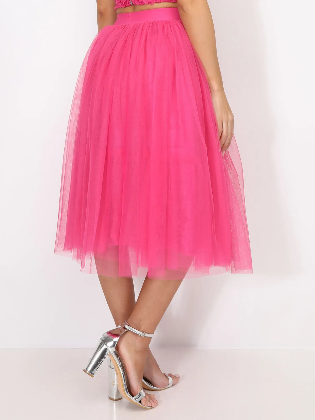 Jupe évasée en tulle- Fuchsia
