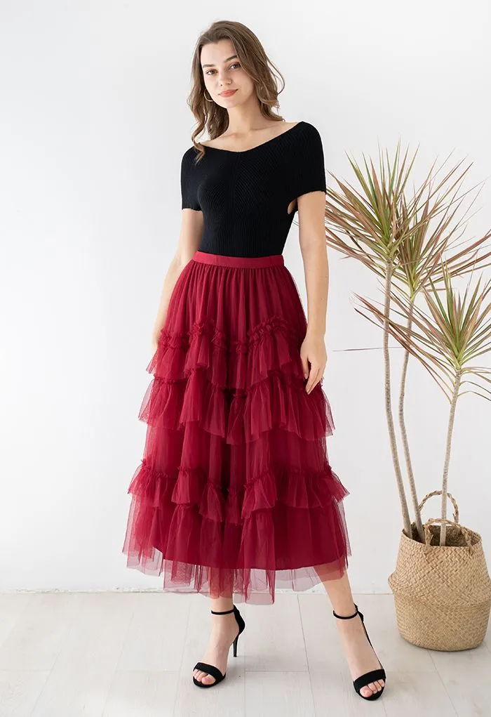 Jupe en tulle à volants en maille exquise en rouge