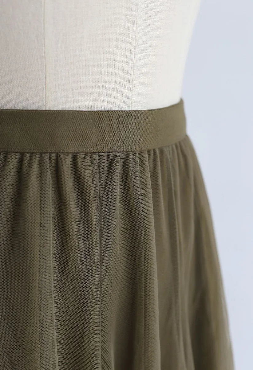 Jupe longue en tulle Mon jardin Secrète en vert armée