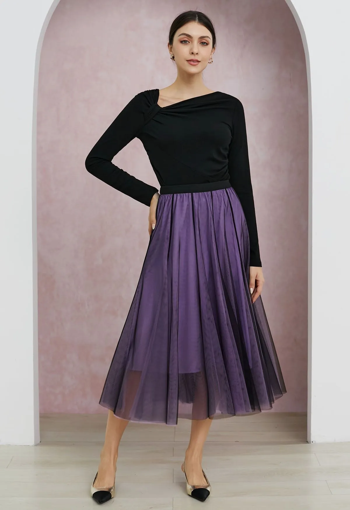 Jupe longue en tulle à empiècements de couleurs mélangées en violet