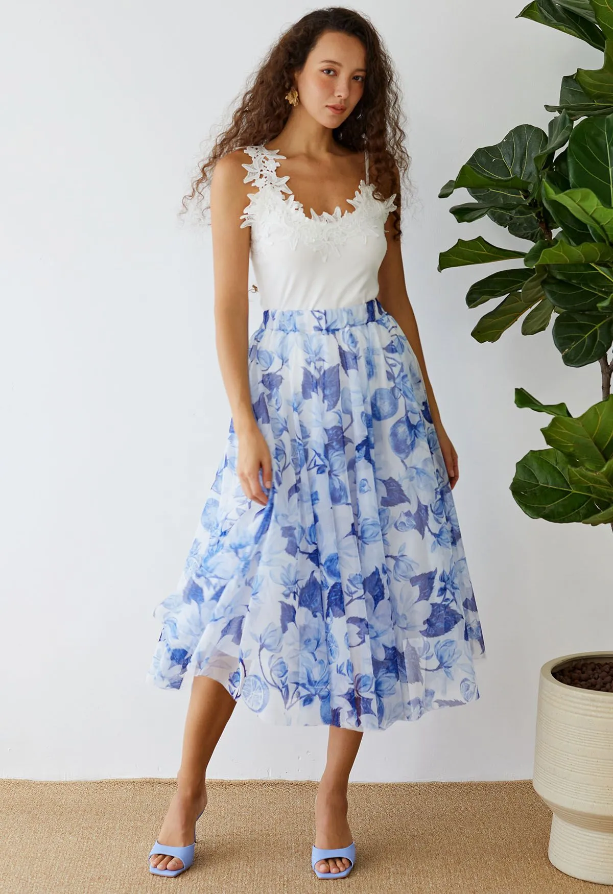 Jupe mi-longue en tulle imprimé citron indigo