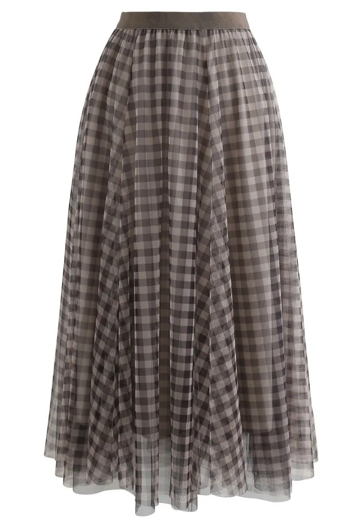 Jupe mi-longue en tulle à double couche vichy en marron