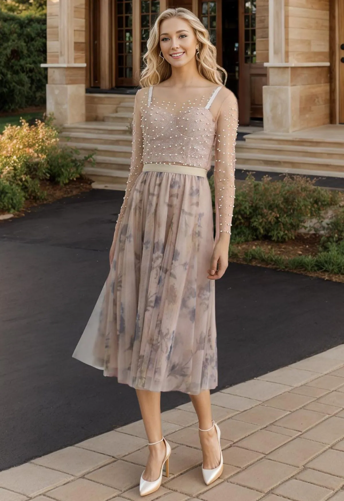 Jupe mi-longue en tulle à double épaisseur à fleurs Inky