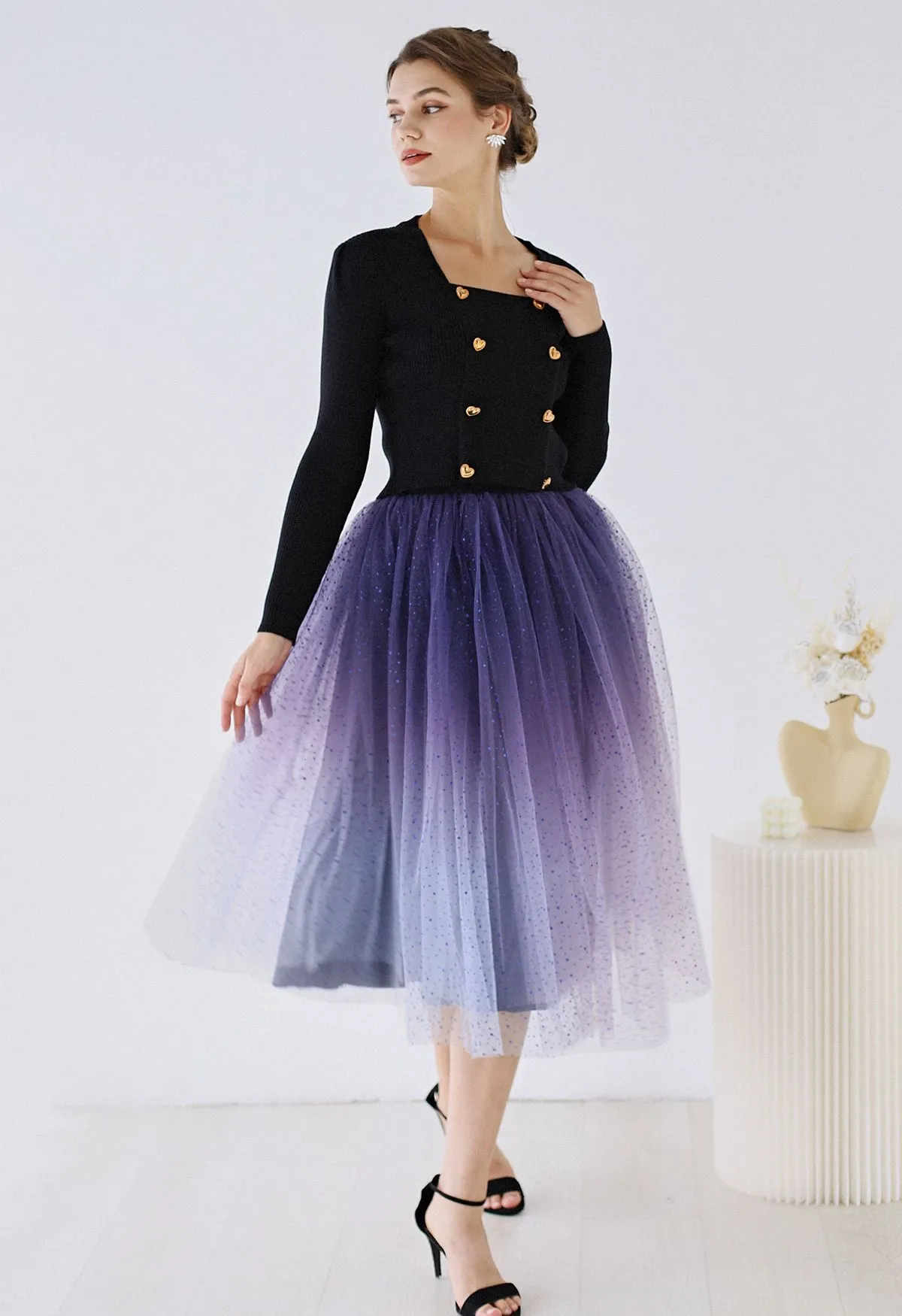 Jupe Mi-Longue Festive Sparkle en Tulle Ombre en Violet