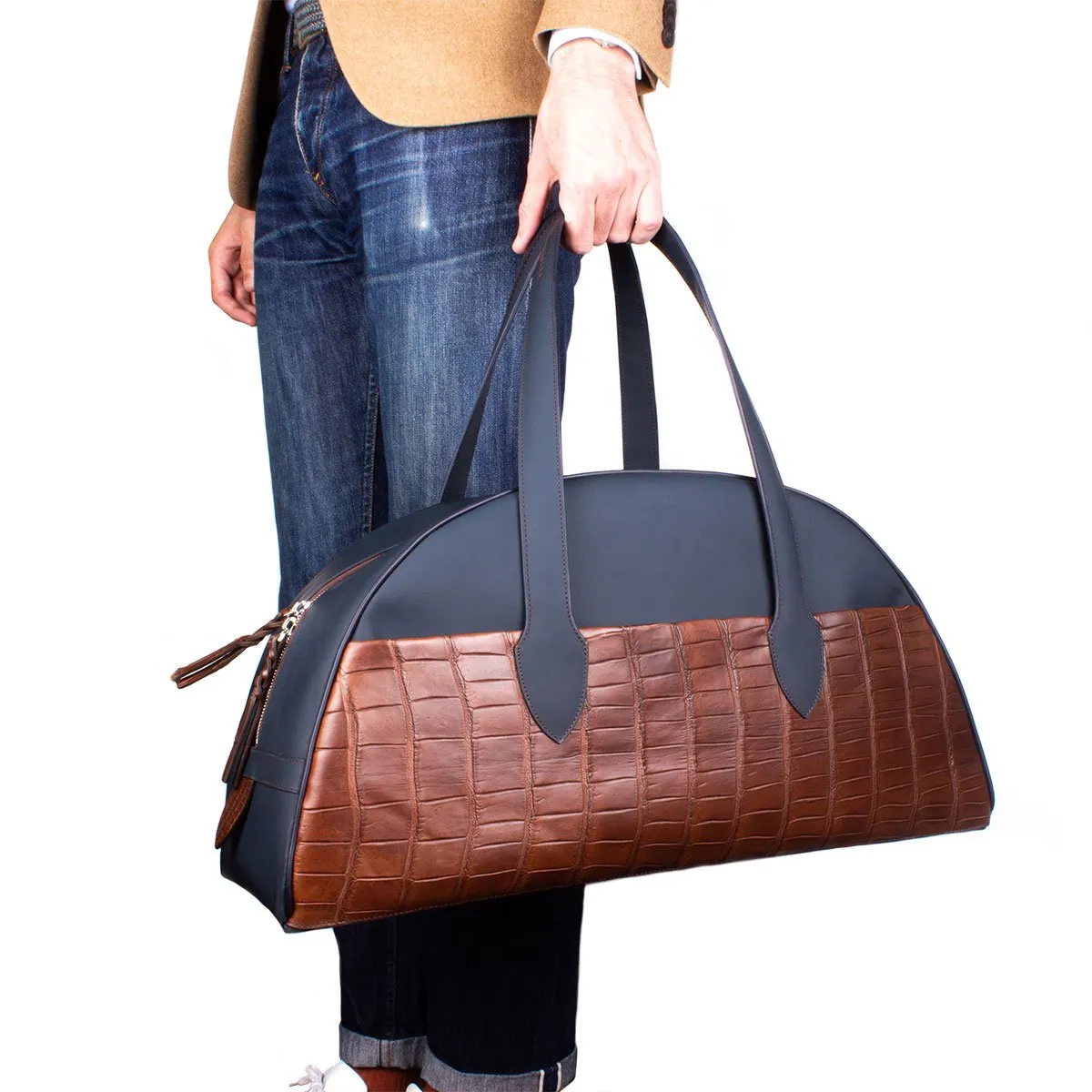 Leather travel bag - Blue calf / Brown alligator
