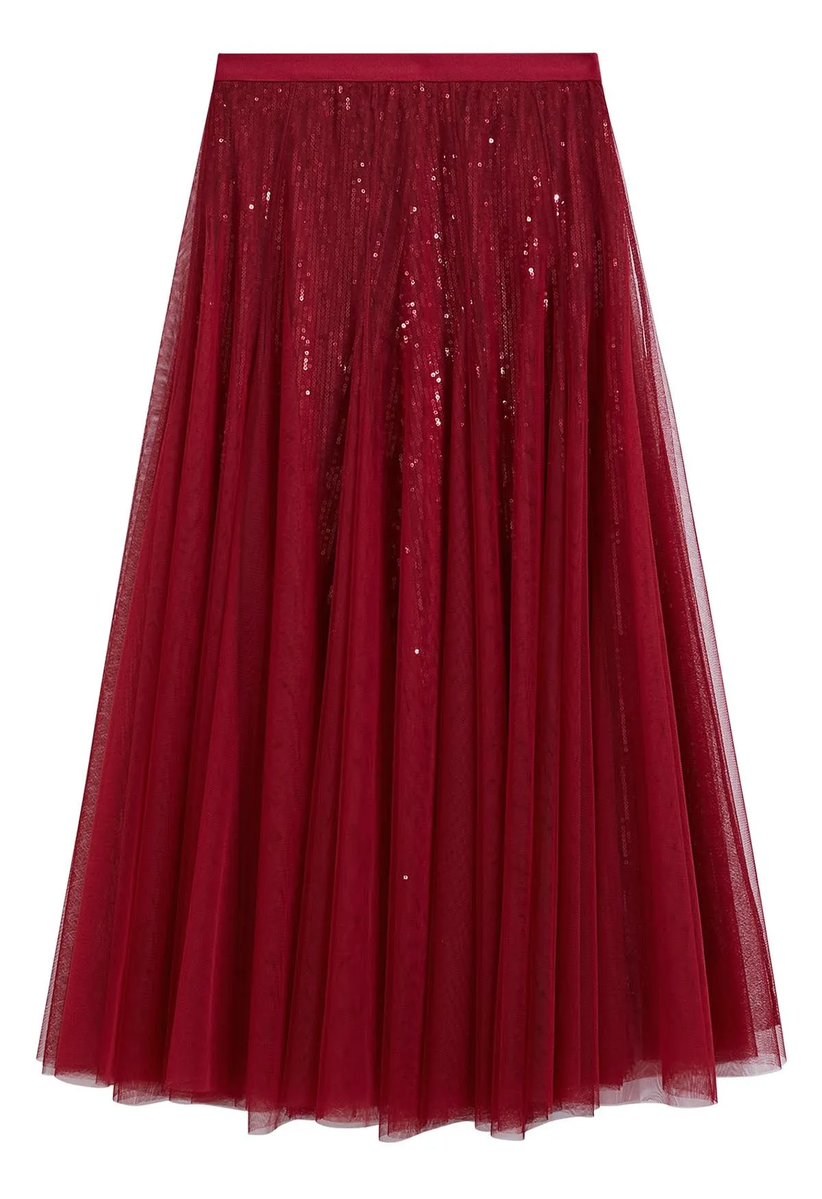 Ravissante jupe mi-longue en tulle et maille à sequins en rouge