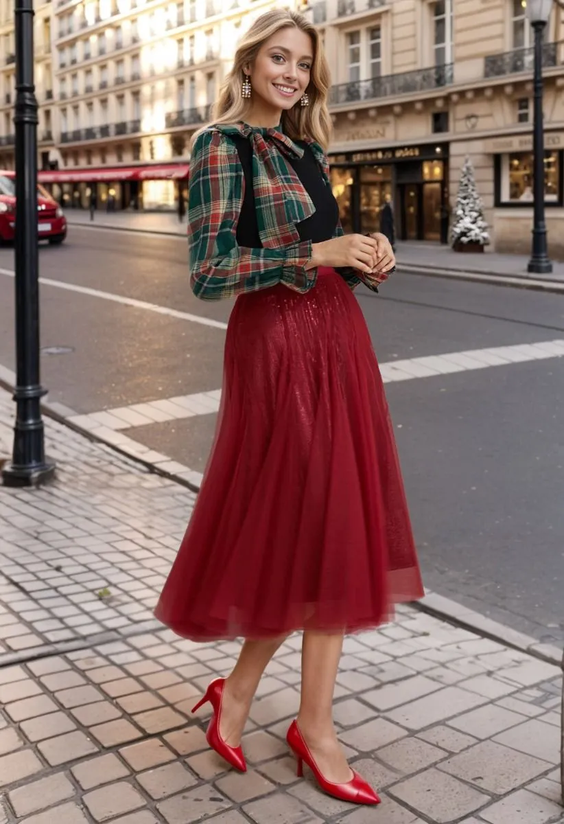 Ravissante jupe mi-longue en tulle et maille à sequins en rouge