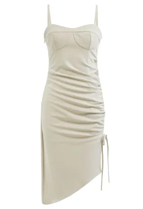 ROBE CARACO FRONCÉE AVEC CORDON DE SERRAGE ET OURLET FENDU SABLE