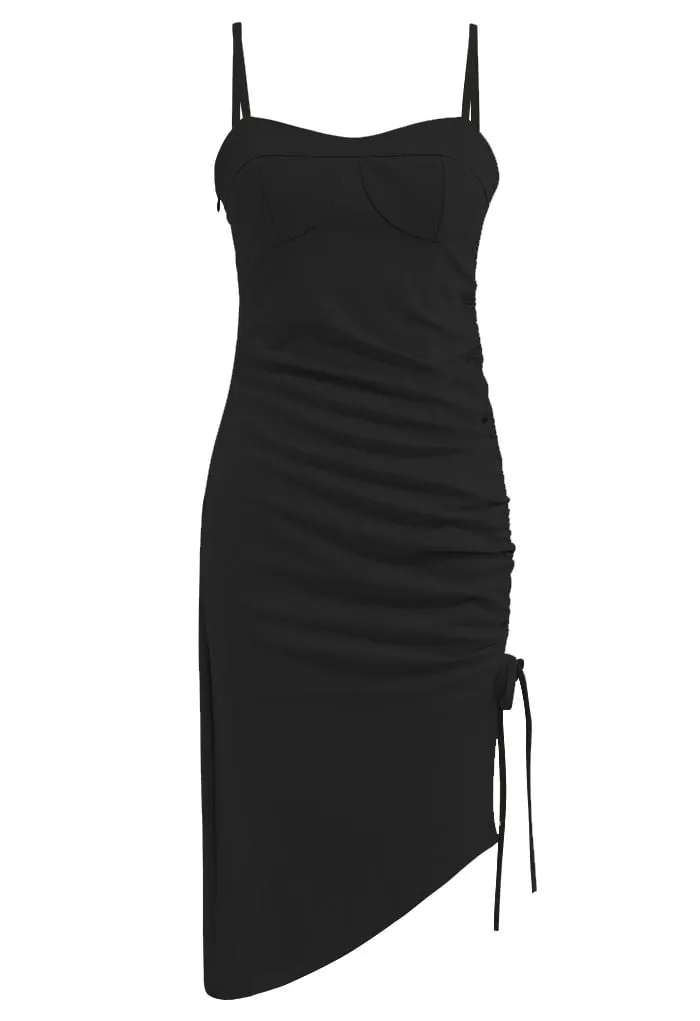 ROBE CARACO FRONCÉE À FENTE AVEC CORDON DE SERRAGE EN NOIR