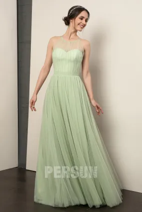 Robe longue tulle vert clair encolure convertible jupe évasée
