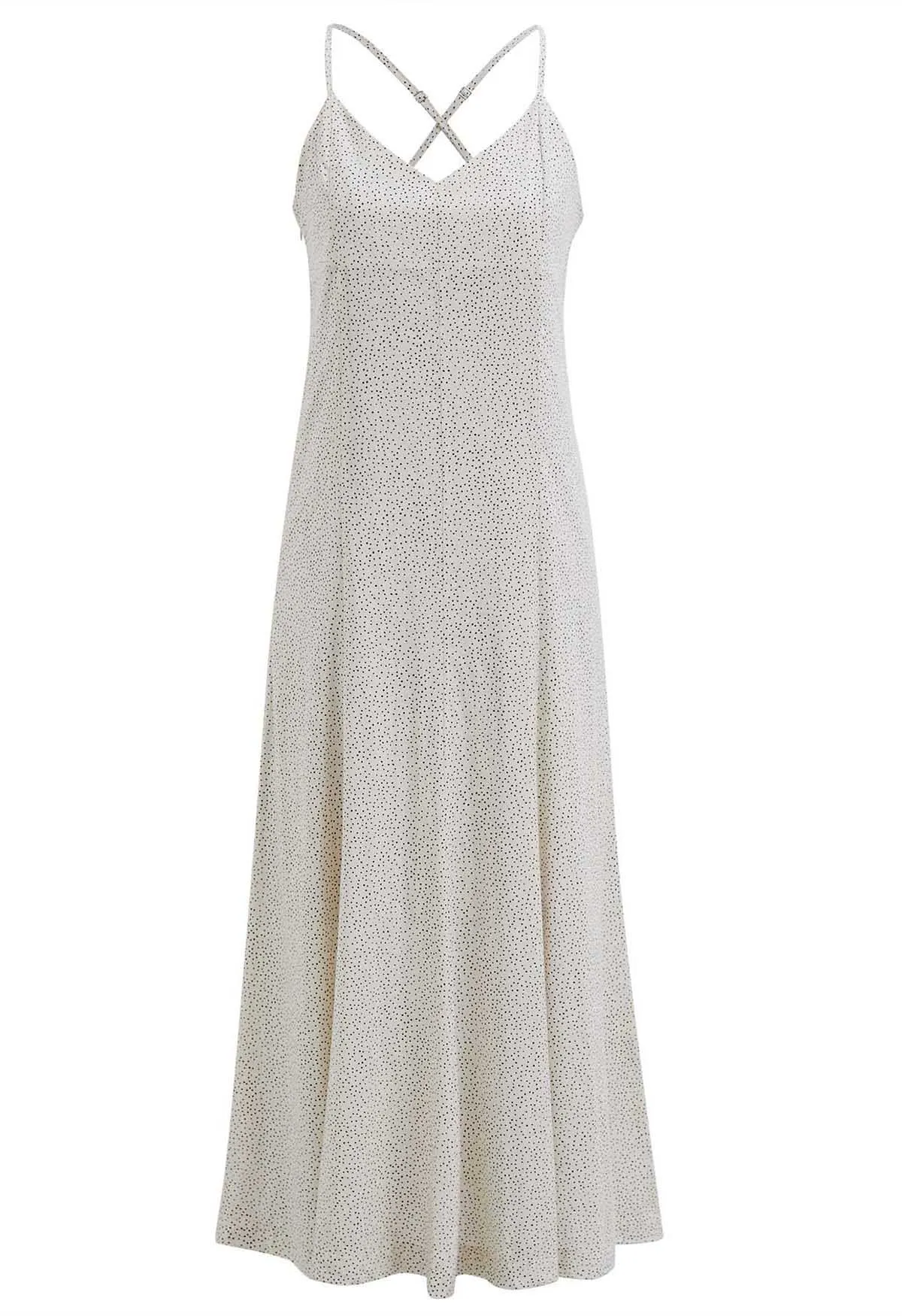 Robe mi-longue caraco croisée à pois en crème