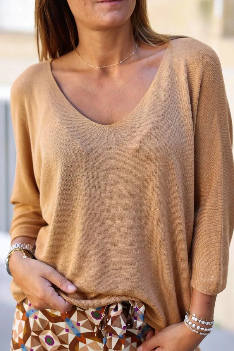 Top camel jersey manches chauve souris